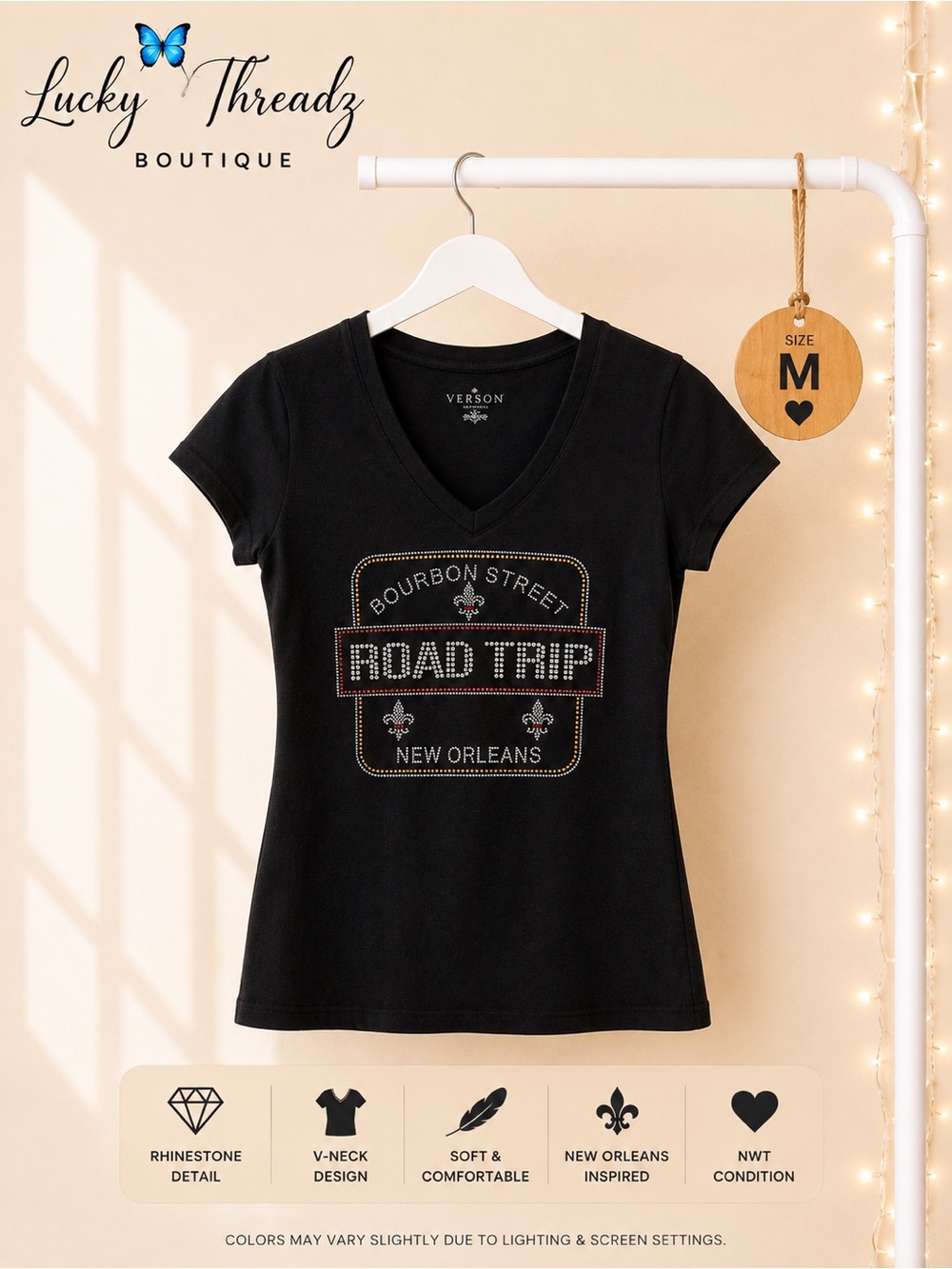 Bourbon Street New Orleans Rhinestone V-Neck Tee M